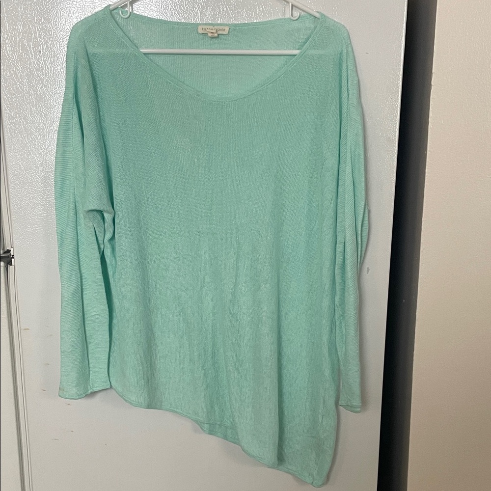 Eileen Fisher Small‎ 100% Linen Aqua Long Sleeve High Low Top